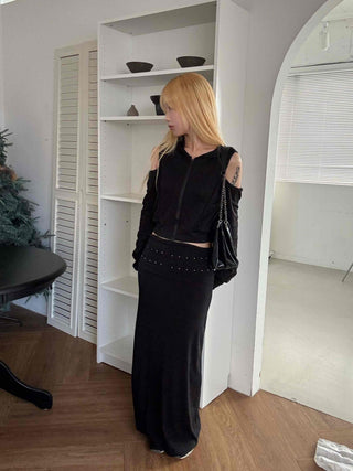 Studded Banding Detail Maxi Long Skirt