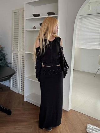 Studded Banding Detail Maxi Long Skirt
