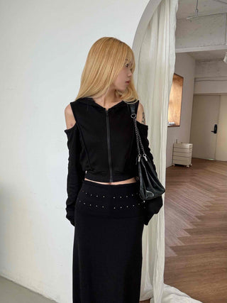 Studded Banding Detail Maxi Long Skirt