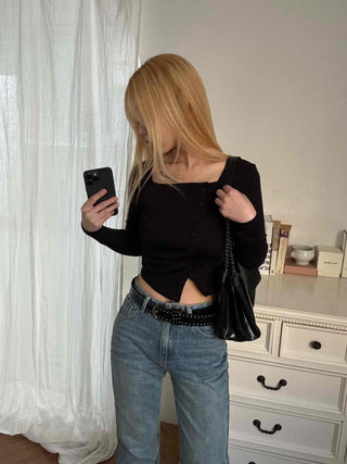 Asymmetrical Diagonal Button Slim Fit Cropped Long Sleeve Tee