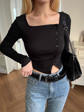 Asymmetrical Diagonal Button Slim Fit Cropped Long Sleeve Tee