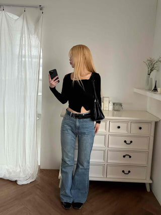Asymmetrical Diagonal Button Slim Fit Cropped Long Sleeve Tee