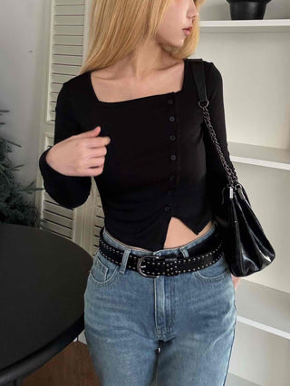 Asymmetrical Diagonal Button Slim Fit Cropped Long Sleeve Tee
