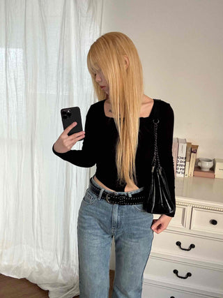 Asymmetrical Diagonal Button Slim Fit Cropped Long Sleeve Tee