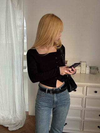 Asymmetrical Diagonal Button Slim Fit Cropped Long Sleeve Tee