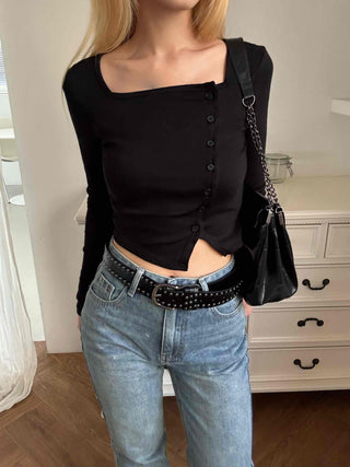 Asymmetrical Diagonal Button Slim Fit Cropped Long Sleeve Tee