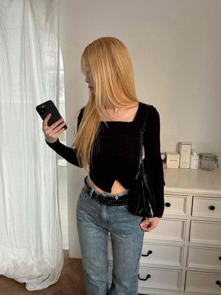 Asymmetrical Diagonal Button Slim Fit Cropped Long Sleeve Tee