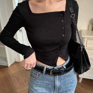 Asymmetrical Diagonal Button Slim Fit Cropped Long Sleeve Tee