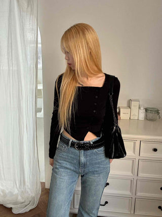 Asymmetrical Diagonal Button Slim Fit Cropped Long Sleeve Tee