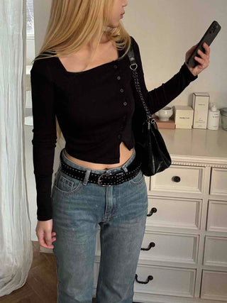 Asymmetrical Diagonal Button Slim Fit Cropped Long Sleeve Tee