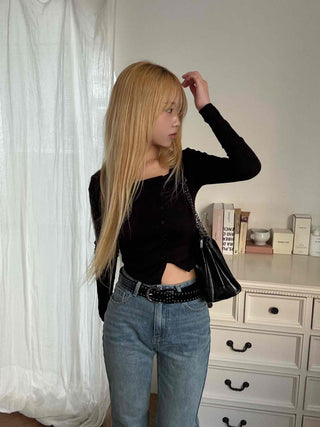 Asymmetrical Diagonal Button Slim Fit Cropped Long Sleeve Tee