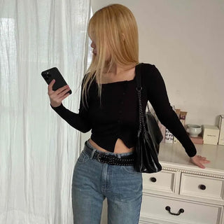 Asymmetrical Diagonal Button Slim Fit Cropped Long Sleeve Tee