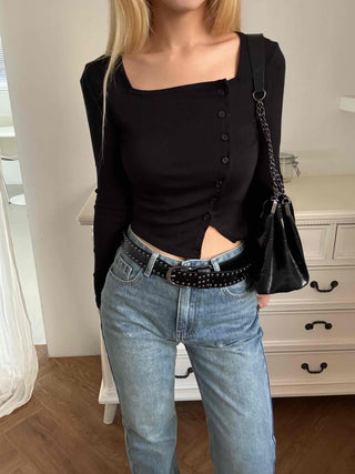 Asymmetrical Diagonal Button Slim Fit Cropped Long Sleeve Tee