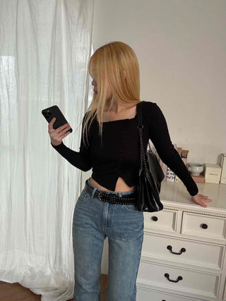 Asymmetrical Diagonal Button Slim Fit Cropped Long Sleeve Tee
