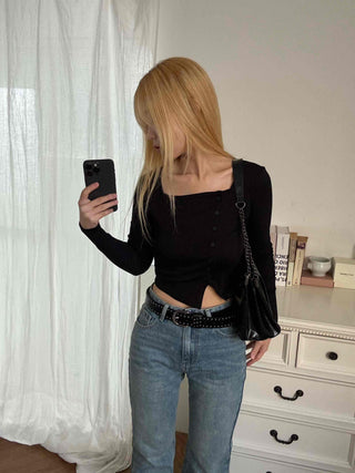 Asymmetrical Diagonal Button Slim Fit Cropped Long Sleeve Tee