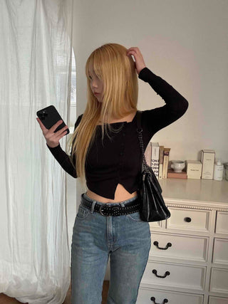 Asymmetrical Diagonal Button Slim Fit Cropped Long Sleeve Tee
