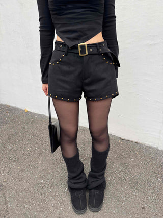 Buckle Belt Studded Suede Shorts