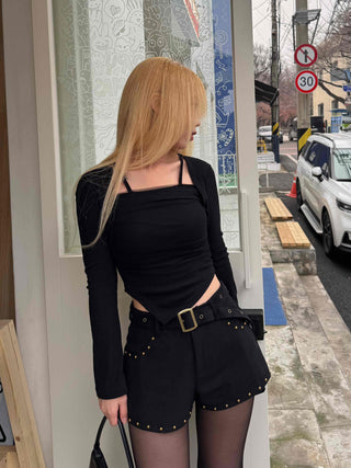 Buckle Belt Studded Suede Shorts