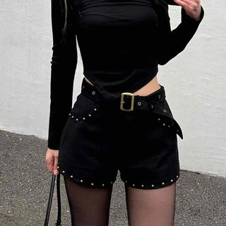 Buckle Belt Studded Suede Shorts