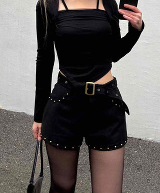 Buckle Belt Studded Suede Shorts