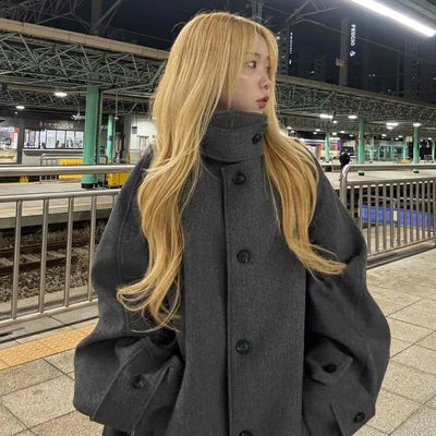 Vintage Button Strap Sleeve Stand Collar Single Long Coat