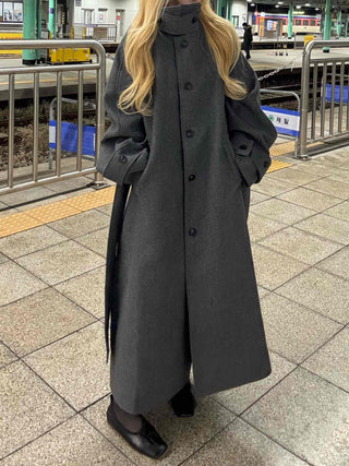 Vintage Button Strap Sleeve Stand Collar Single Long Coat