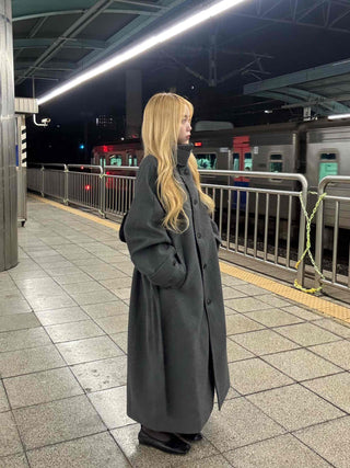 Vintage Button Strap Sleeve Stand Collar Single Long Coat