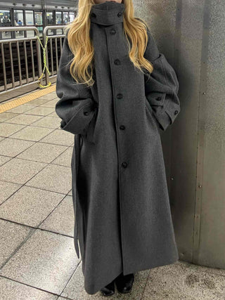 Vintage Button Strap Sleeve Stand Collar Single Long Coat