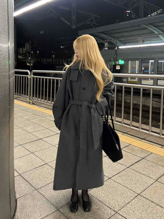 Vintage Button Strap Sleeve Stand Collar Single Long Coat