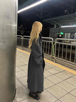 Vintage Button Strap Sleeve Stand Collar Single Long Coat