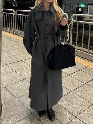 Vintage Button Strap Sleeve Stand Collar Single Long Coat