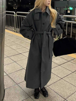 Vintage Button Strap Sleeve Stand Collar Single Long Coat