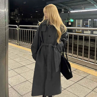 Vintage Button Strap Sleeve Stand Collar Single Long Coat