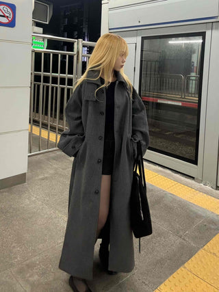 Vintage Button Strap Sleeve Stand Collar Single Long Coat