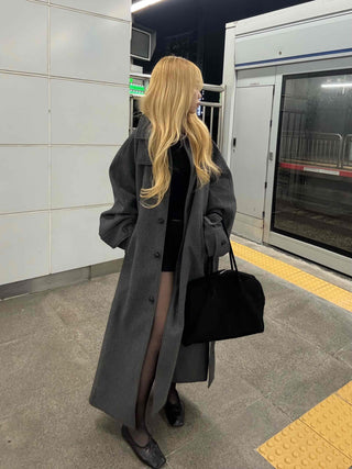 Vintage Button Strap Sleeve Stand Collar Single Long Coat