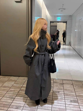 Vintage Button Strap Sleeve Stand Collar Single Long Coat
