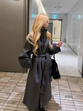 Vintage Button Strap Sleeve Stand Collar Single Long Coat