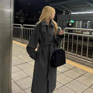 Vintage Button Strap Sleeve Stand Collar Single Long Coat