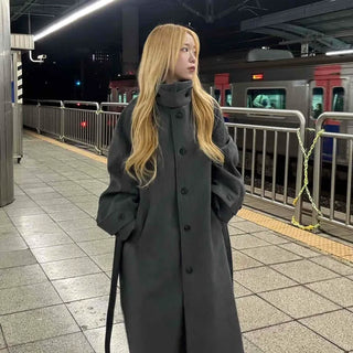 Vintage Button Strap Sleeve Stand Collar Single Long Coat