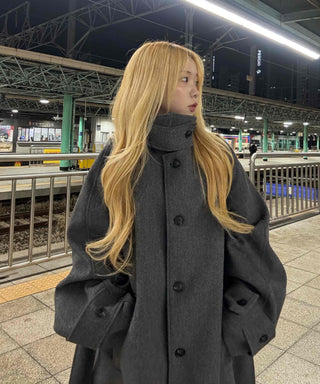 Vintage Button Strap Sleeve Stand Collar Single Long Coat