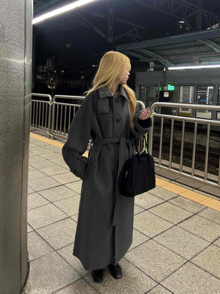 Vintage Button Strap Sleeve Stand Collar Single Long Coat