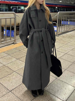 Vintage Button Strap Sleeve Stand Collar Single Long Coat