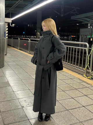 Vintage Button Strap Sleeve Stand Collar Single Long Coat