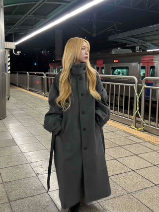 Vintage Button Strap Sleeve Stand Collar Single Long Coat