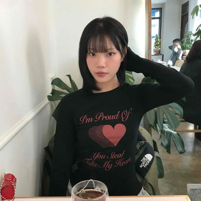 Heart Print Slim Fit Round Long Sleeve T-shirt