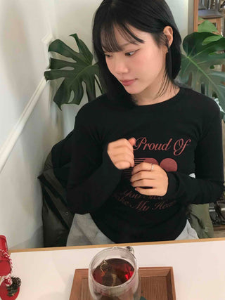 Heart Print Slim Fit Round Long Sleeve T-shirt