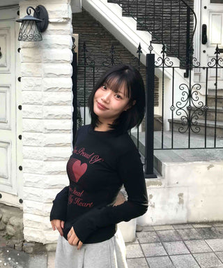 Heart Print Slim Fit Round Long Sleeve T-shirt