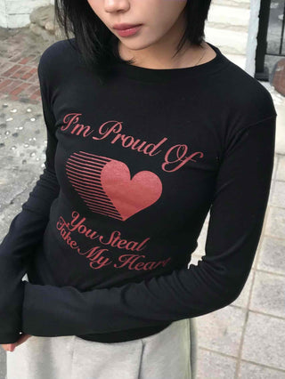 Heart Print Slim Fit Round Long Sleeve T-shirt