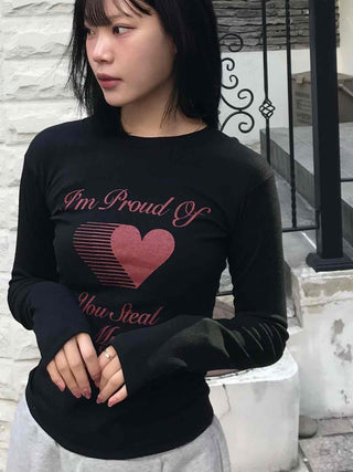 Heart Print Slim Fit Round Long Sleeve T-shirt