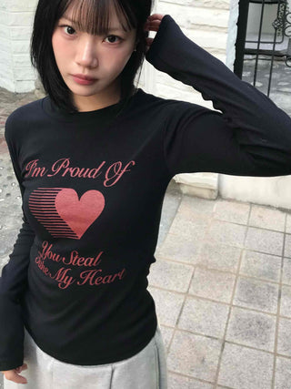 Heart Print Slim Fit Round Long Sleeve T-shirt